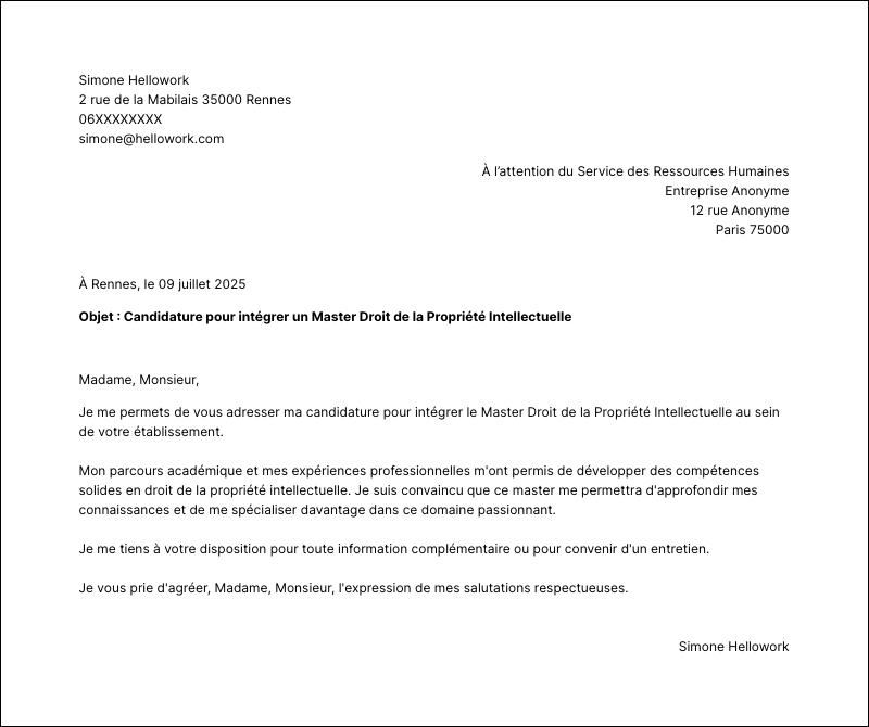Exemple lettre de motivation Master Droit de la Propriété Intellectuelle