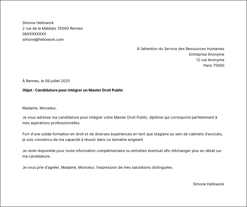 Exemple lettre de motivation Master Droit Public