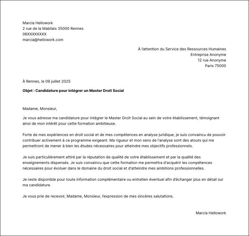 Exemple lettre de motivation Master Droit Social