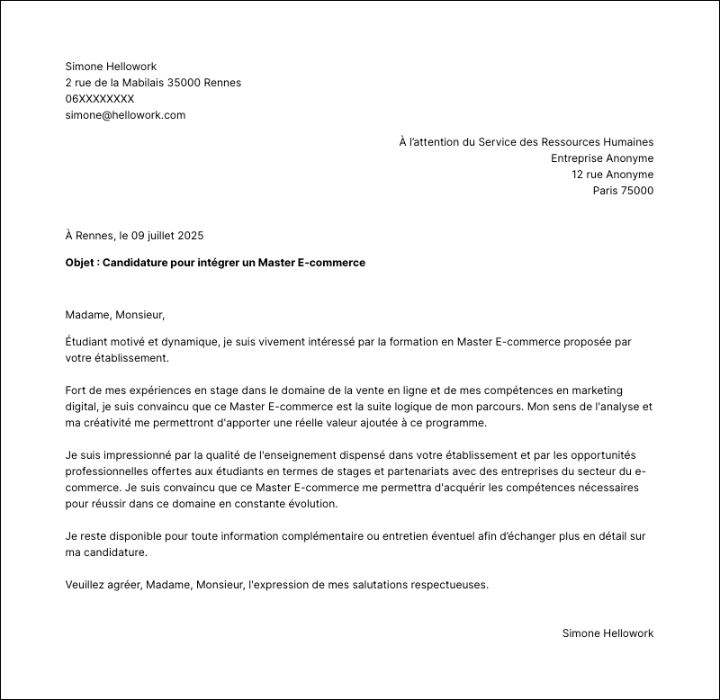 Modèle lettre de motivation Master E-commerce Exemple lettre de motivation Master E-commerce