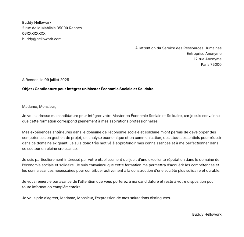 Exemple lettre de motivation Master Économie Sociale et Solidaire