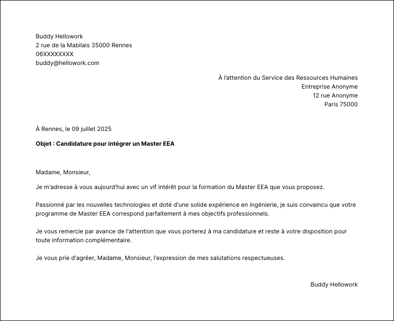 Exemple lettre de motivation Master EEA