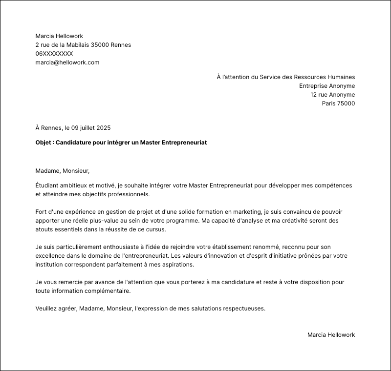 Modèle lettre de motivation Master Entrepreneuriat Exemple lettre de motivation Master Entrepreneuriat