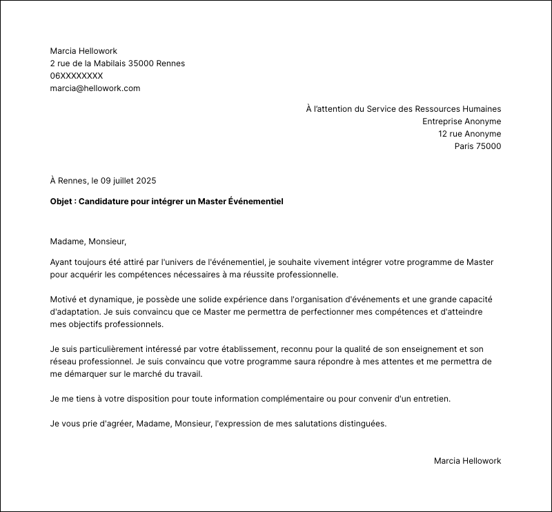 Modèle lettre de motivation Master Événementiel Exemple lettre de motivation Master Événementiel