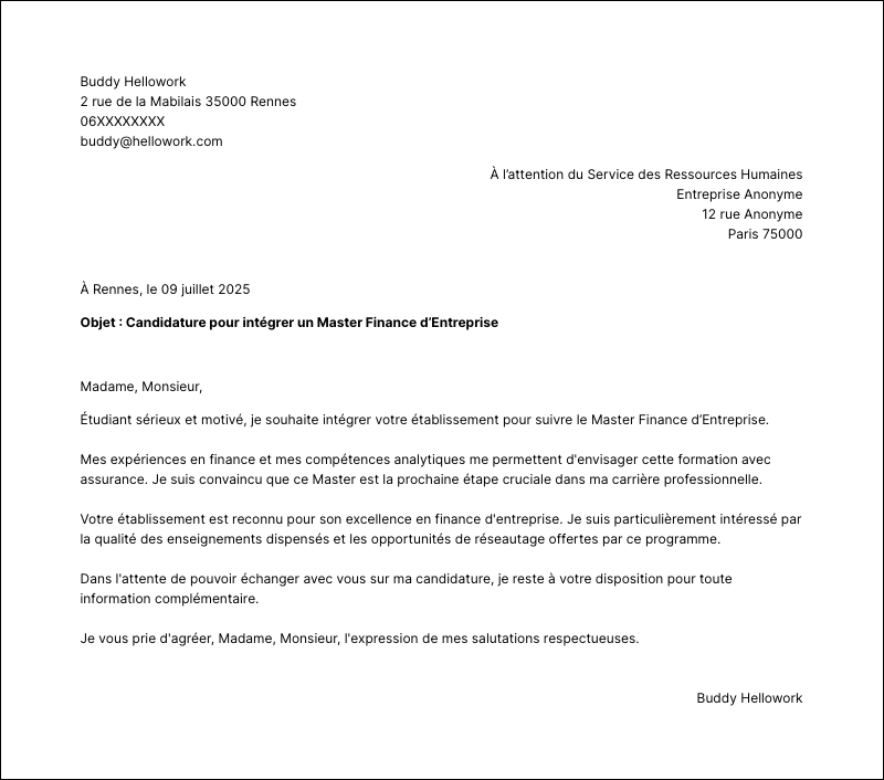 Exemple lettre de motivation Master Finance d’Entreprise