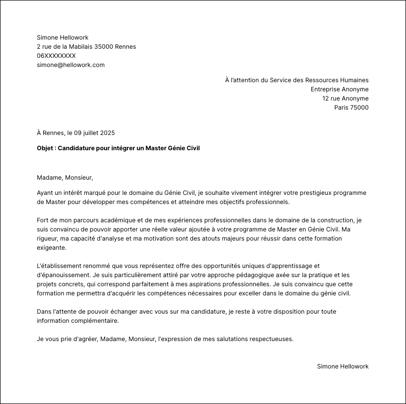 Modèle lettre de motivation Master Génie Civil Exemple lettre de motivation Master Génie Civil