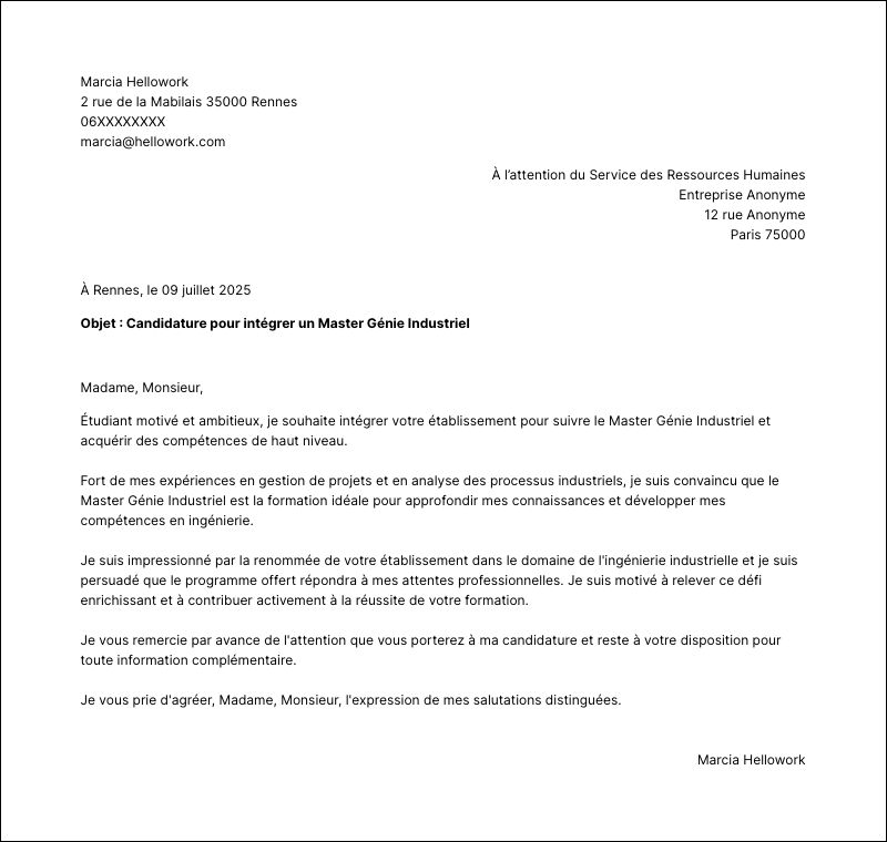 Exemple lettre de motivation Master Génie Industriel