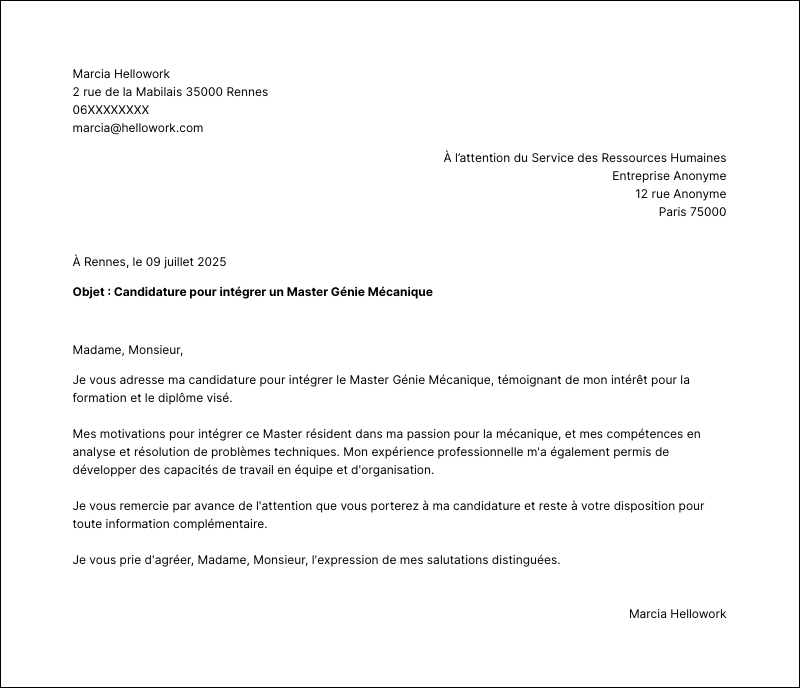 Exemple lettre de motivation Master Génie Mécanique