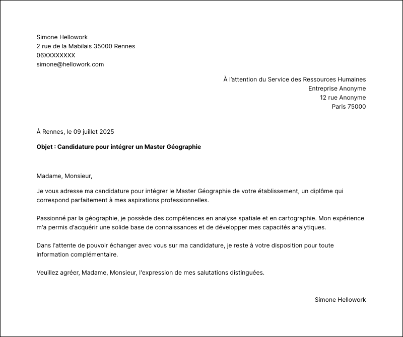 Modèle lettre de motivation Master Géographie Exemple lettre de motivation Master Géographie