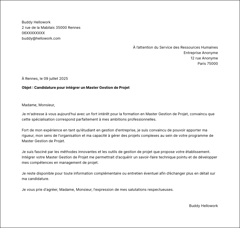 Exemple lettre de motivation Master Gestion de Projet