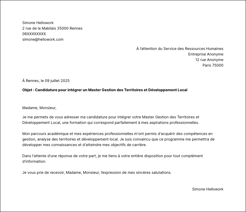 Exemple lettre de motivation Master Gestion des Territoires et Développement Local