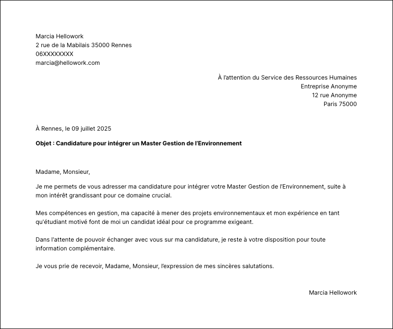 Exemple lettre de motivation Master Gestion de l’Environnement