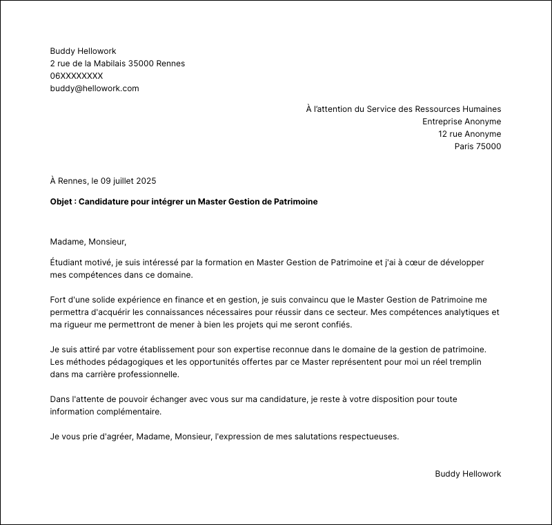 Modèle lettre de motivation Master Gestion de Patrimoine Exemple lettre de motivation Master Gestion de Patrimoine