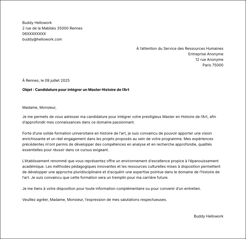 Modèle lettre de motivation Master Histoire de l’Art Exemple lettre de motivation Master Histoire de l’Art