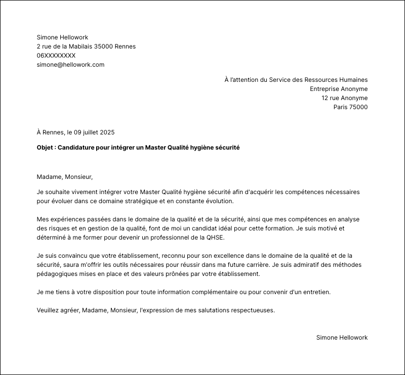 Modèle lettre de motivation Master Qualité hygiène sécurité Exemple lettre de motivation Master Qualité hygiène sécurité