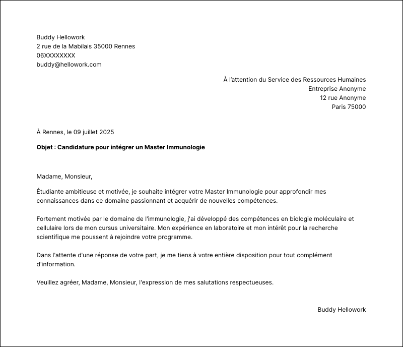Exemple lettre de motivation Master Immunologie