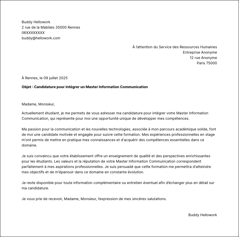 Modèle lettre de motivation Master Information Communication Exemple lettre de motivation Master Information Communication