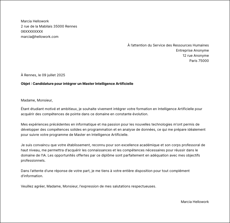 Modèle lettre de motivation Master Intelligence Artificielle Exemple lettre de motivation Master Intelligence Artificielle