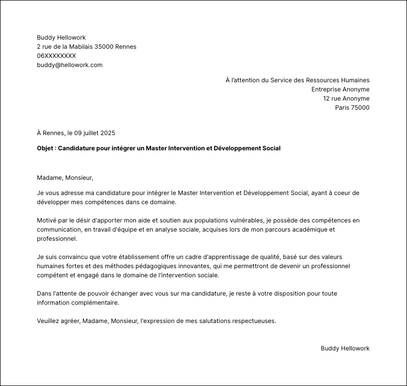 Modèle lettre de motivation Master Intervention et Développement Social Exemple lettre de motivation Master Intervention et Développement Social