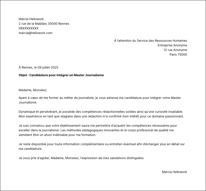 Modèle lettre de motivation Master Journalisme Exemple lettre de motivation Master Journalisme