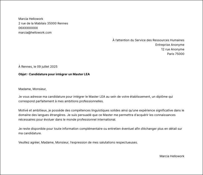 Modèle lettre de motivation Master LEA Exemple lettre de motivation Master LEA