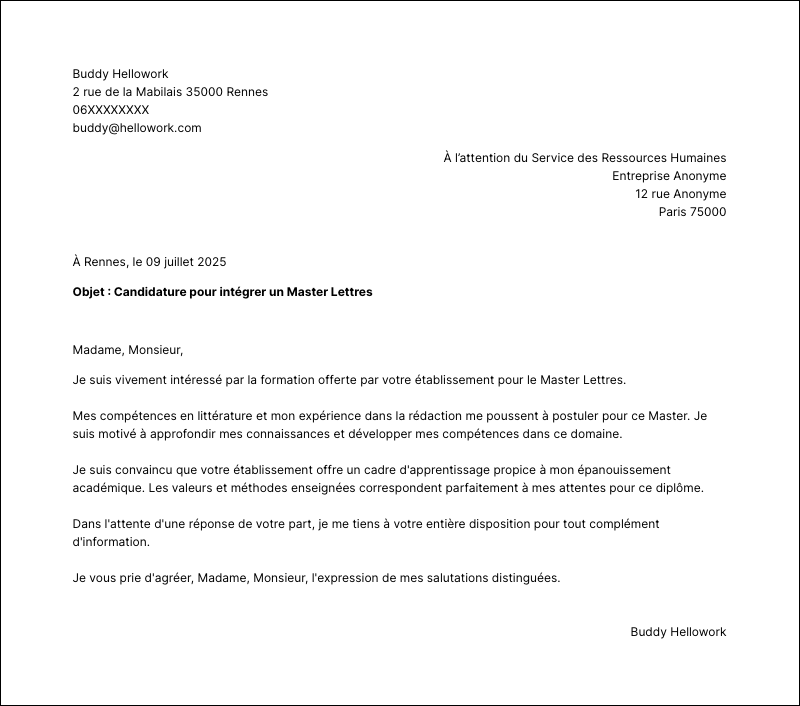 Modèle lettre de motivation Master Lettres Exemple lettre de motivation Master Lettres