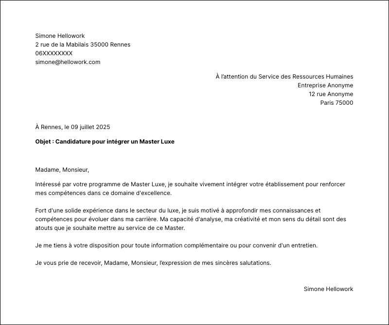 Modèle lettre de motivation Master Luxe Exemple lettre de motivation Master Luxe