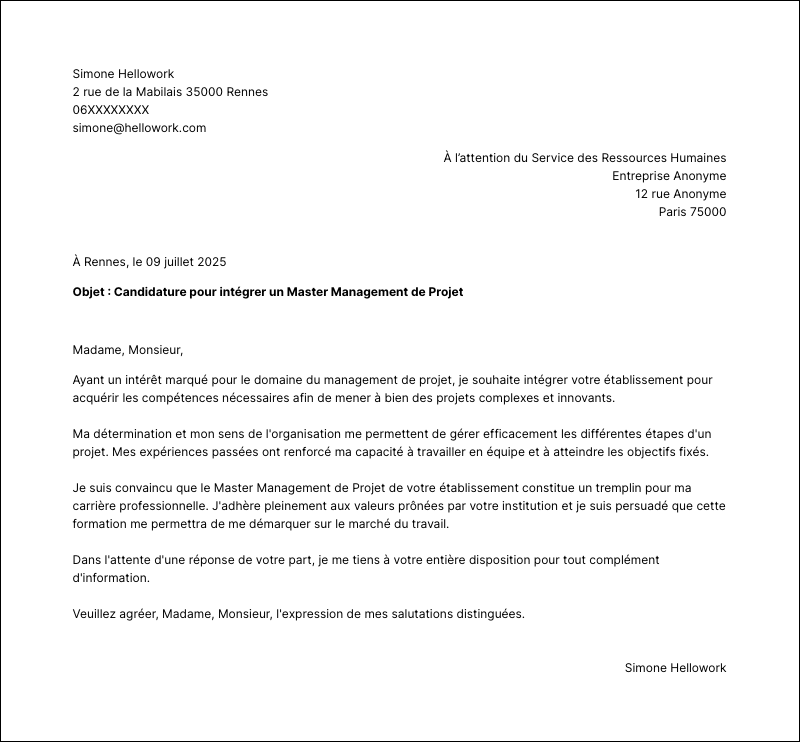 Exemple lettre de motivation Master Management de Projet