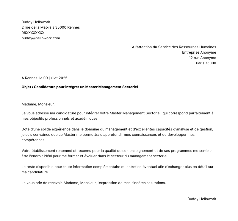Modèle lettre de motivation Master Management Sectoriel Exemple lettre de motivation Master Management Sectoriel
