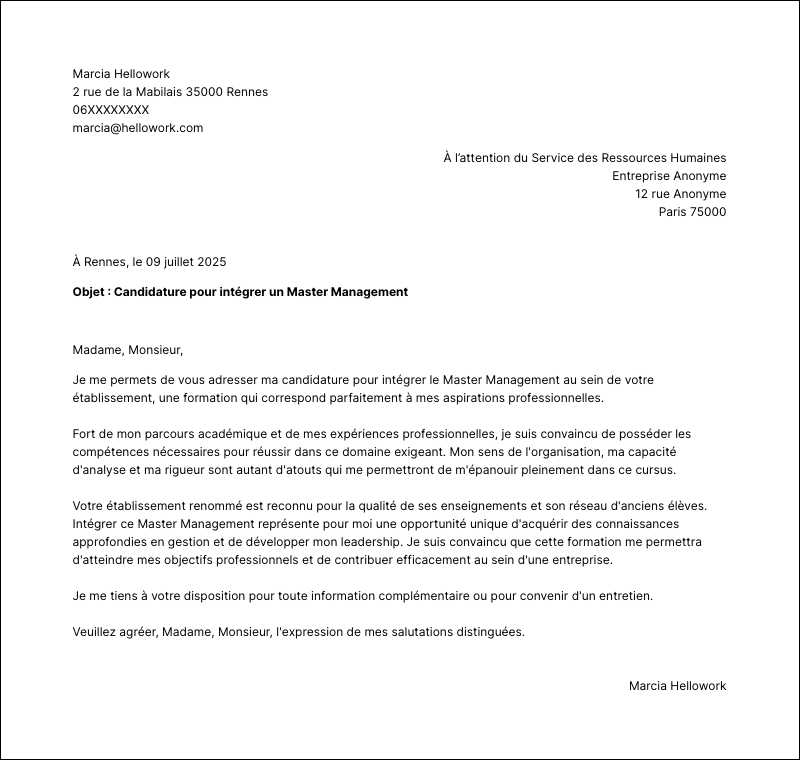 Modèle lettre de motivation Master Management Exemple lettre de motivation Master Management