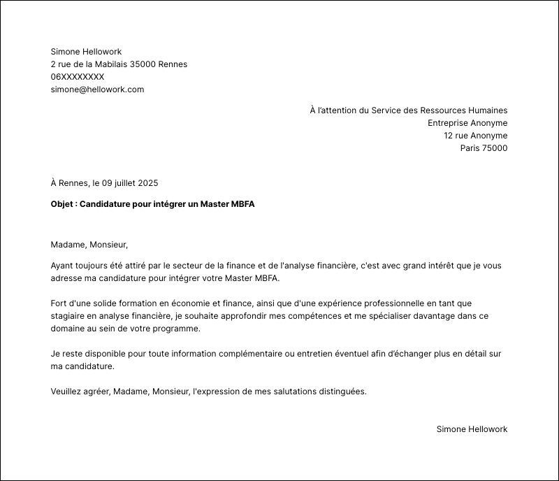 Exemple lettre de motivation Master MBFA