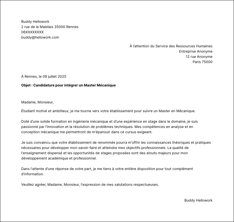 Exemple lettre de motivation Master Mécanique