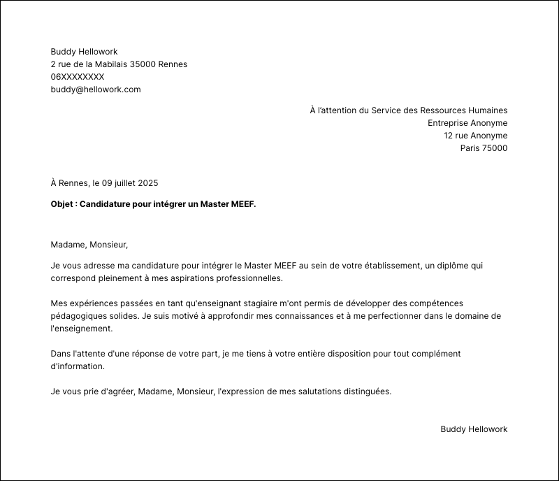 Modèle lettre de motivation Master MEEF Exemple lettre de motivation Master MEEF