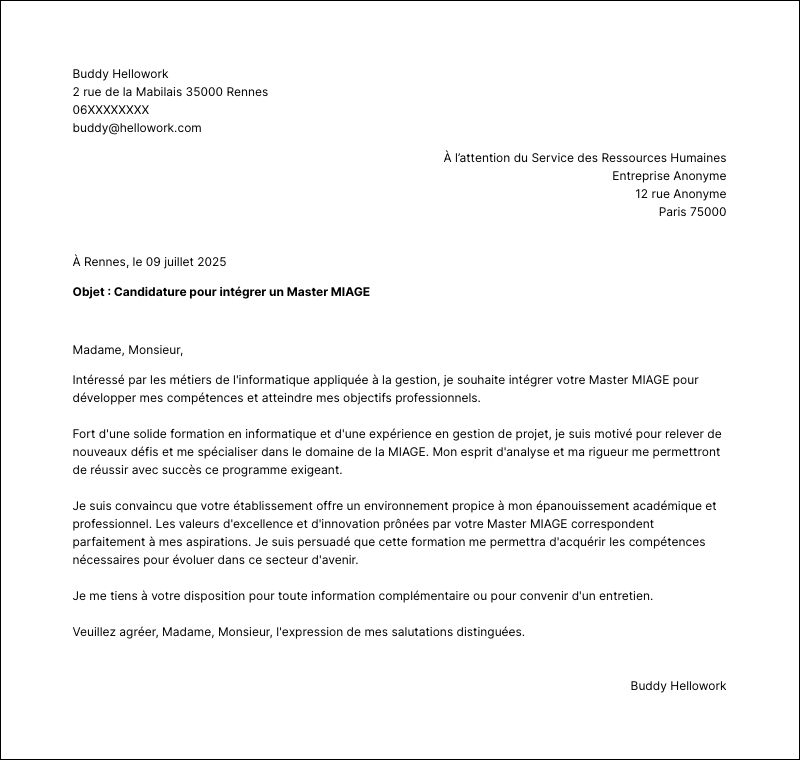 Exemple lettre de motivation Master MIAGE