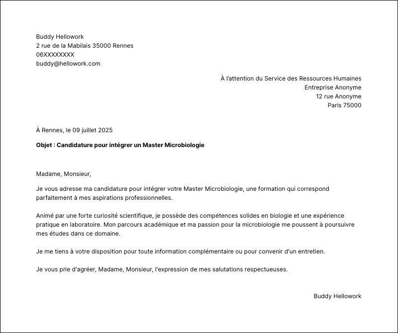 Modèle lettre de motivation Master Microbiologie Exemple lettre de motivation Master Microbiologie
