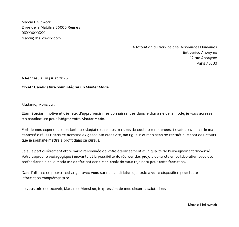 Modèle lettre de motivation Master Mode Exemple lettre de motivation Master Mode
