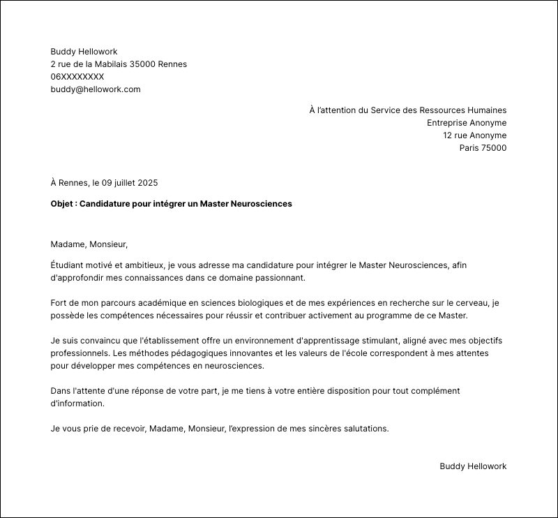 Modèle lettre de motivation Master Neurosciences Exemple lettre de motivation Master Neurosciences