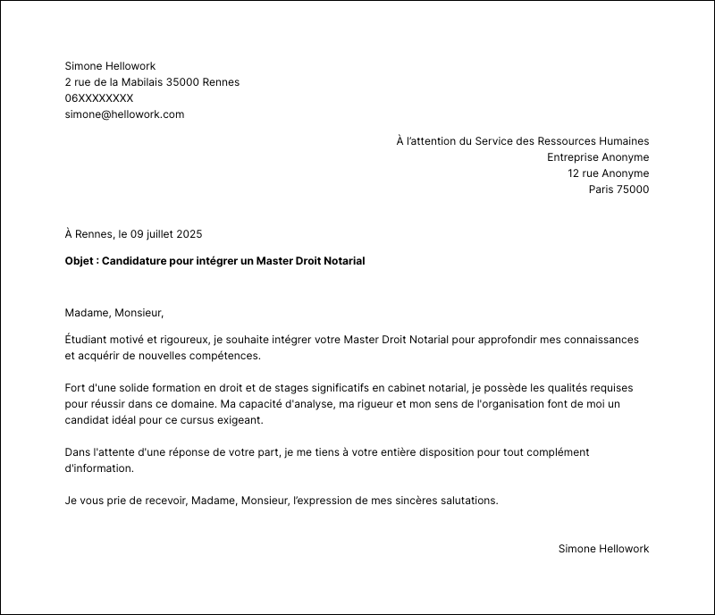 Exemple lettre de motivation Master Droit Notarial