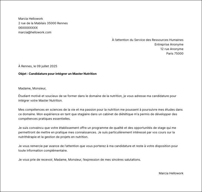 Modèle lettre de motivation Master Nutrition Exemple lettre de motivation Master Nutrition