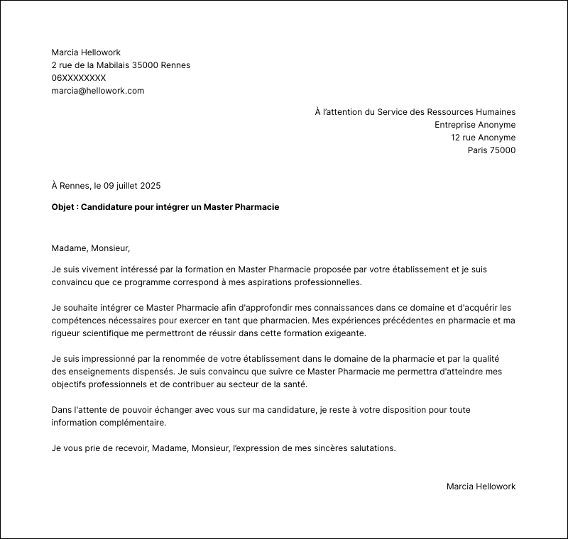 Exemple lettre de motivation Master Pharmacie