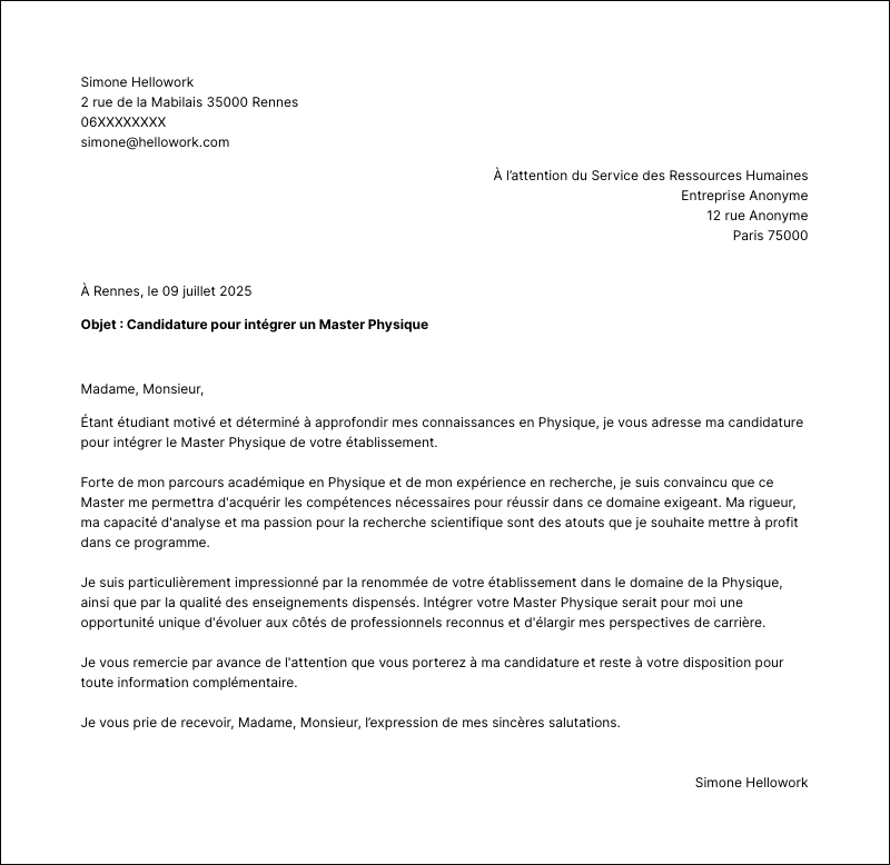 Modèle lettre de motivation Master Physique Exemple lettre de motivation Master Physique