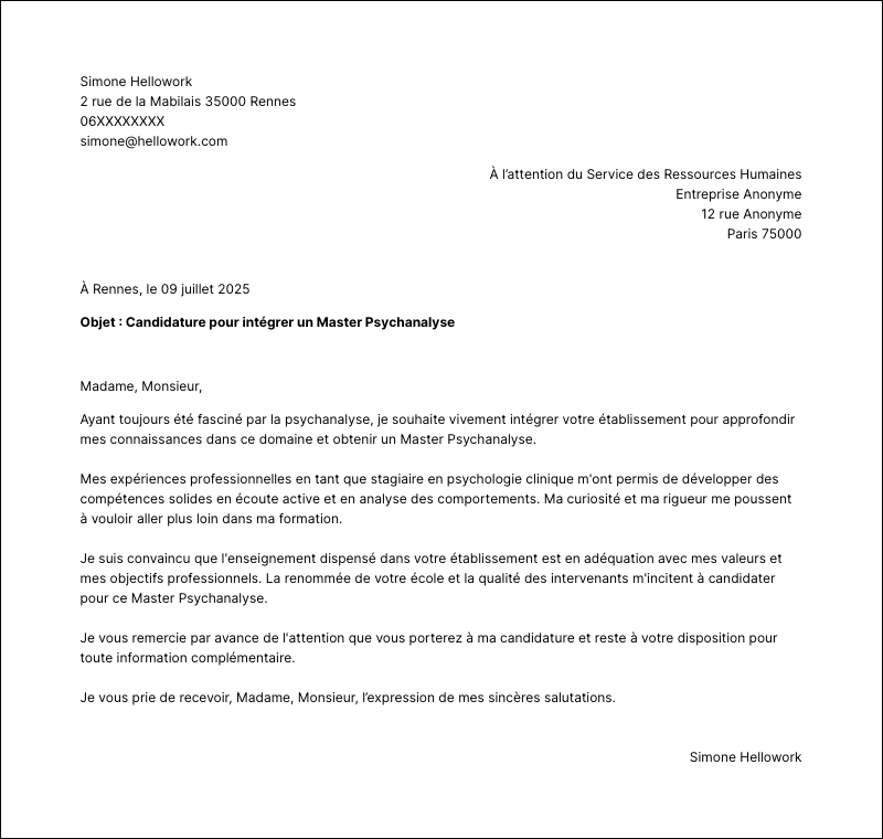Modèle lettre de motivation Master Psychanalyse Exemple lettre de motivation Master Psychanalyse