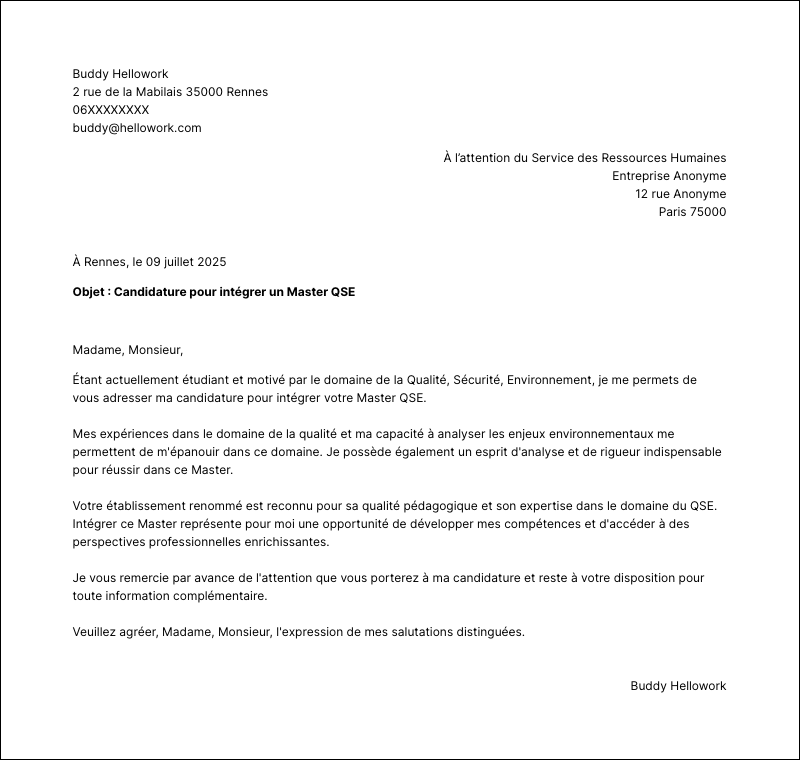 Modèle lettre de motivation Master QSE Exemple lettre de motivation Master QSE