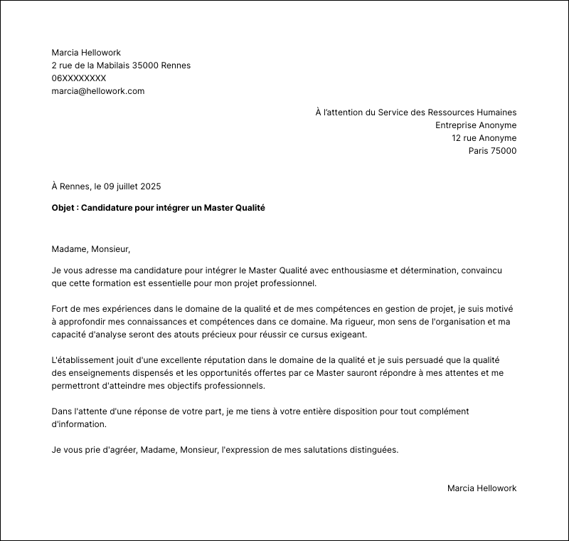 Modèle lettre de motivation Master Qualité Exemple lettre de motivation Master Qualité