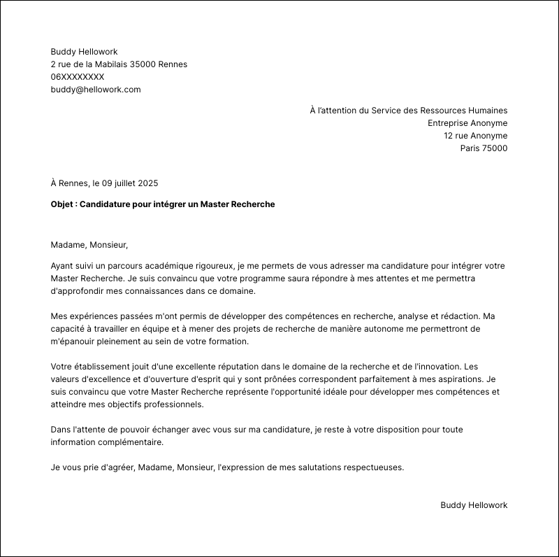 Exemple lettre de motivation Master Recherche