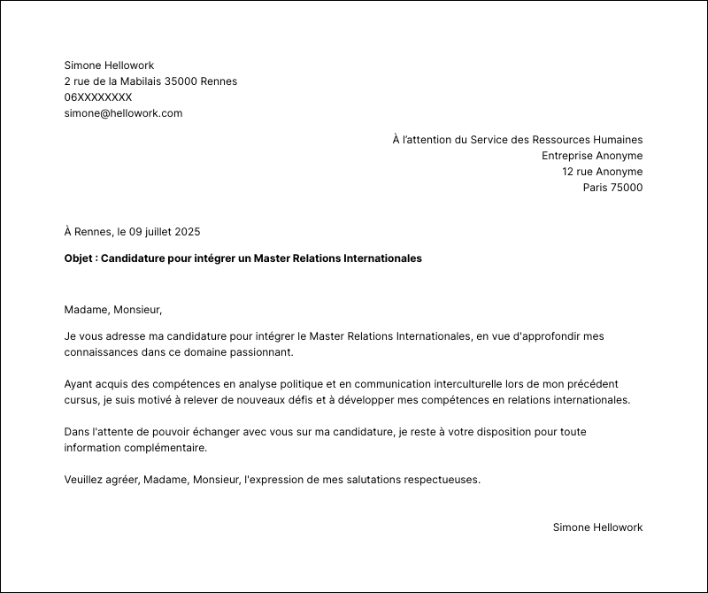 Modèle lettre de motivation Master Relations Internationales Exemple lettre de motivation Master Relations Internationales