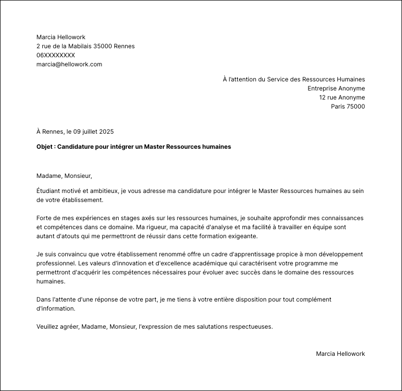 Exemple lettre de motivation Master Ressources humaines