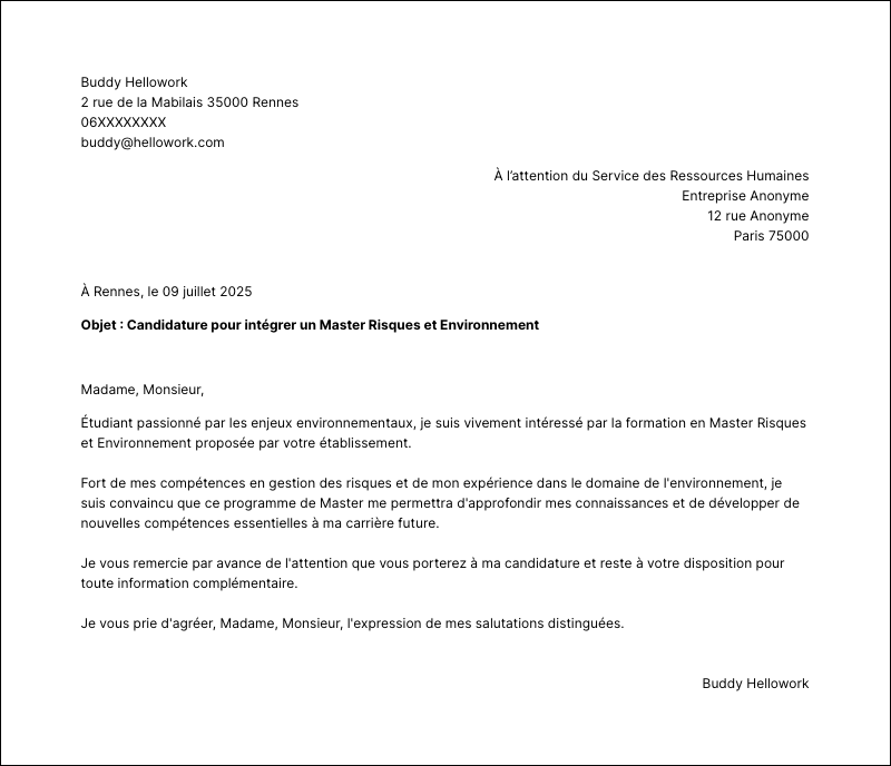 Exemple lettre de motivation Master Risques et Environnement