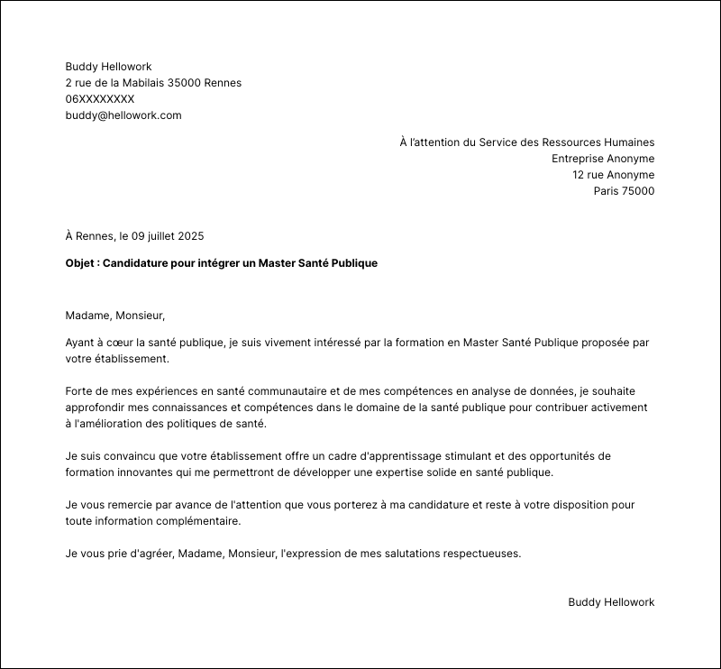 Modèle lettre de motivation Master Santé Publique Exemple lettre de motivation Master Santé Publique