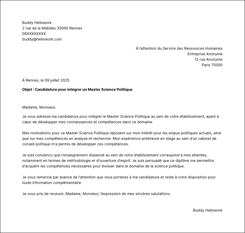 Exemple lettre de motivation Master Science Politique